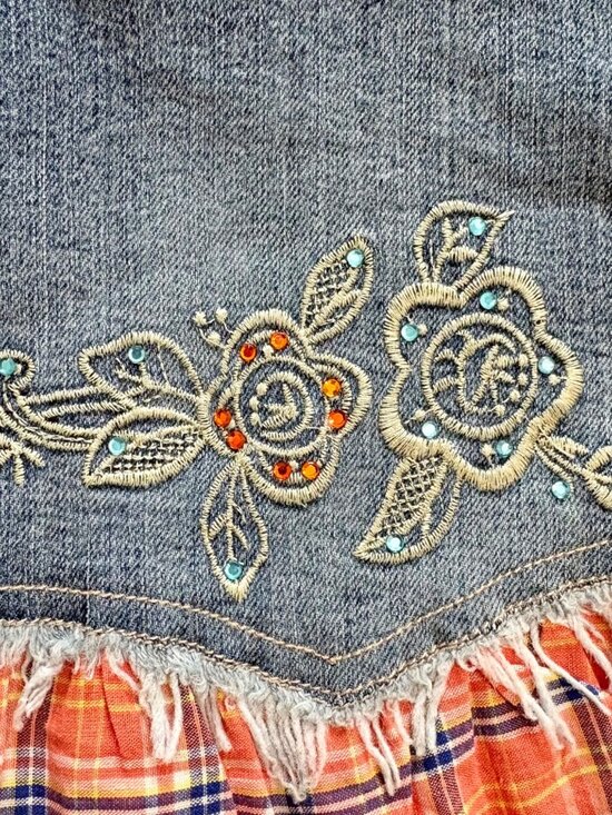 Clash Y2K Blue Denim & Orange Plaid Festival Floral Embroidered Preppy Skirt M - Picture 7 of 9